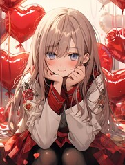 Cute chibi LOFI anime manga girl, valentines day hearts background