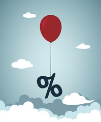 Interest rate, tax or VAT increase, loan and mortgage rate upward trend, investment profit or dividend rising up concept, air balloon tied with percentage symbol flying high rising up in the sky. - obrazy, fototapety, plakaty