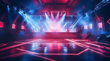 A deserted nightclub stage with dynamic red and blue spotlights, a vintage dance floor below - obrazy, fototapety, plakaty