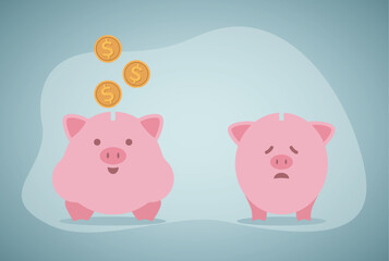 Coin bank with decreasing piles of coins. Saving inflation, financial crisis and loosing money concept.