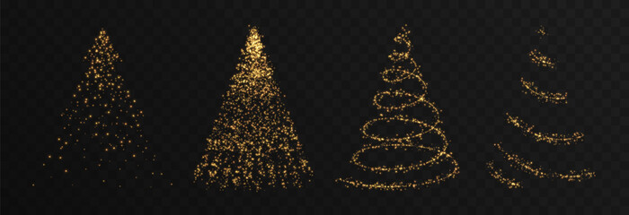 Vector glowing Christmas tree. Glowing dust in the shape of a Christmas tree png. Golden particles of light png. Magic dust. - obrazy, fototapety, plakaty