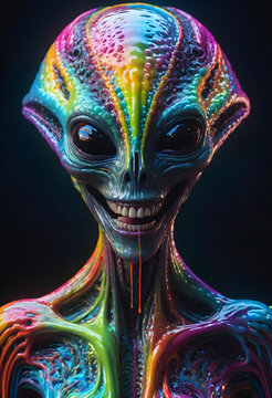 portrait of alien shapeshifter entity, insane smile, intricate complexity, surreal horror, inverted neon rainbow drip paint. generative ai