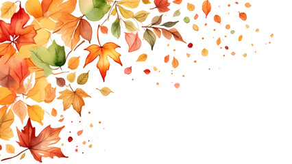 Autumn seasonal vector watercolor background falling autumn green, golden, red and orange colored leaves isolated on white background, Autumn seasonal illustration