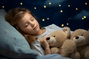 Sweet dreams: little blonde girl sleeping in bed with her teddy bears with a dark blue starry sky in the background 