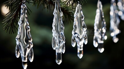 Delicate glass icicle ornaments, hanging gracefully from the boughs of a Christmas tree.