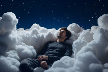 Young man sleeping peacefully on a soft bed of clouds  against a dark blue starry sky