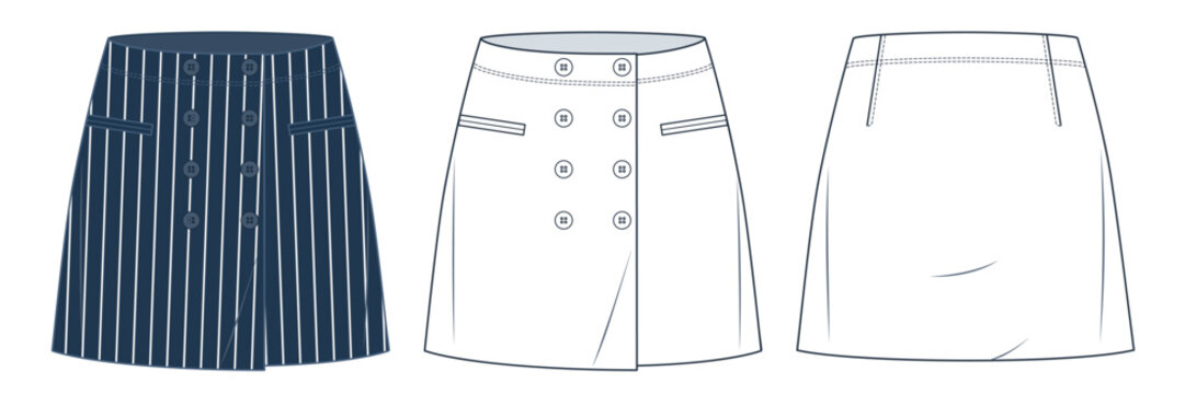  Striped Skirt technical fashion illustration. Button dowm Skirt fashion flat technical drawing template, pockets, front and back view, white, blue, women CAD mockup set.