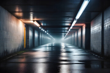 Midnight basement parking area Wet, hazy asphalt with lights on sidewalls