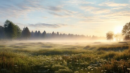 Dew-covered field in the early morning light, with a hazy mist rising in the distance, evoking a sense of calm.