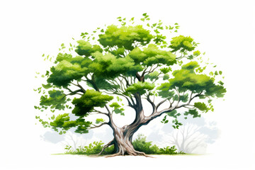 Tree with green leaves and white background with white background.