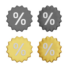 3D vector label with percentage sign. White discount symbol on black and gold label. Promotion, sale, advertising design objects isolated on a white background. Vector illustration