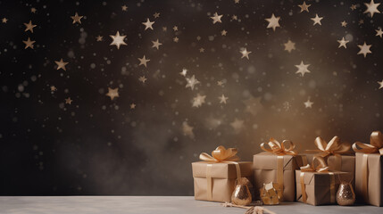 Mikołajki - prezenty pod choinkę na gwiazdkę - tło na życzenia na święta Bożego Narodzenia. Xmas. Wesołych Świąt.  - obrazy, fototapety, plakaty