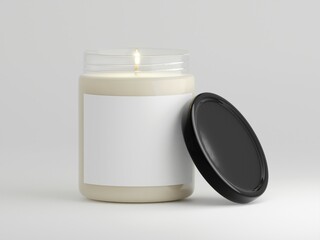 Realistic scented glass lit candle mockup with blank label for logo, text or design isolated on a plain white background as 3d rendering.