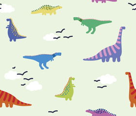 Seamless Vector Dinosaur with Clouds Pattern for Fabric, Wallpaper and Custom Artwork
