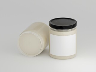 Two scented glass soy candles mockup. One upright and one on the side with blank label for logo, text or design isolated on a plain white background as 3d rendering.