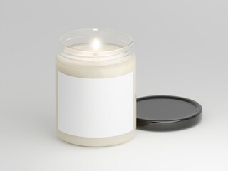 Realistic scented glass lit candle mockup with blank label for logo, text or design isolated as 3d rendering.