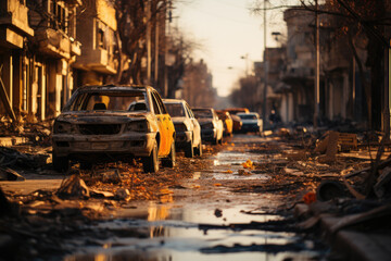 Destroyed streets, houses, roads after a natural disaster, consequences of a flood - obrazy, fototapety, plakaty
