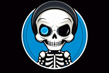 Skeleton with headphones on and blue circle around it.