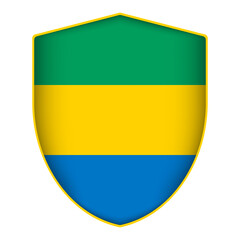 Gabon flag in shield shape. Vector illustration.