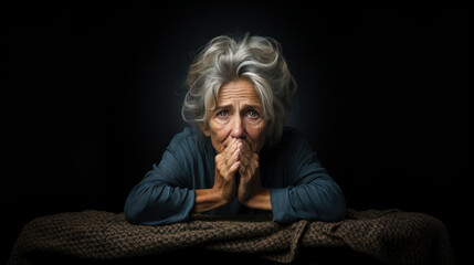 Portrait of an elderly woman with grey hair in a dark room. Upset caucasian female pensioner in her 70s sitting alone. - obrazy, fototapety, plakaty