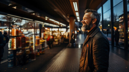 Portrait of a smiling senior man walking in the city at night, standing in bus station. - obrazy, fototapety, plakaty