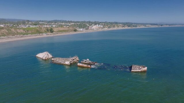 SS Palo Alto or Aptos Cement Ship, Aptos, California. Ship wreck covered with thousands of pelicans near the Californian coastline.