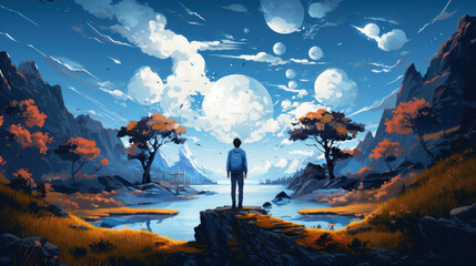 Illustration of teen boy standing on the edge of a cliff looking at the sea and the moon. - obrazy, fototapety, plakaty