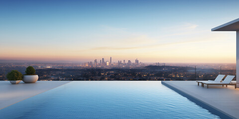 Luxury minimalist infinity pool with a city view - obrazy, fototapety, plakaty