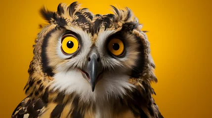 Fototapete Rund Studio portrait of surprised owl, isolated on yellow background with copy space © Ekaterina