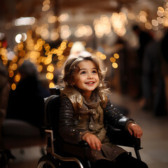 Little girl sitting in a wheelchair, smiling happily, holiday. Cheerful holiday mood. Birthday of a disabled girl. Christmas, holiday