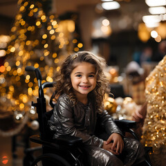 Little girl sitting in a wheelchair, smiling happily, holiday. Cheerful holiday mood. Birthday of a disabled girl. Christmas, holiday