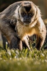 Fototapeta premium Vertical closeup shot of a brown capuchin monkey on a grassy field