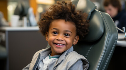 
Little boy in dentist's office sitting in chair and with happy smiling face. Visit to the dentist. Medical exam. Concept of dental health, care and prevention of cavities and teeth.  - obrazy, fototapety, plakaty