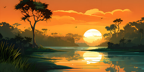 Nature landscape of amazon river illustration background