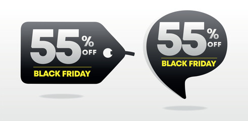 55% off. Special offer Black Friday sticker. Tag seventy five percent off price, value. Advertising for sales, promo, discount, shop. Campaign for retail, store. Icon, vectoy