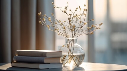 A modern glass vase filled with branches rests. AI generated
