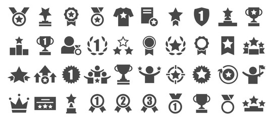 Set with award, award with number 1, one, trophy cup, trophy cup with star winner medal, trophy star, user with rating vector icon  - obrazy, fototapety, plakaty
