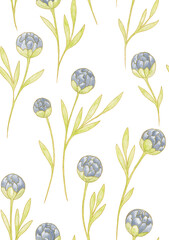 Vintage floral seamless pattern. Watercolor painting gray peony flowers and leaves with golden contours on white background. Template for design, textile, wallpaper, bedding, ceramics. - 670587955