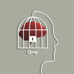 Human head with brain in cage concept, lock and key conceptual symbol as mindfulness, awareness and consciousness metaphor