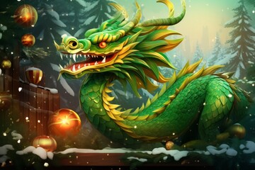 A fabulous green wooden dragon. A cute cartoon dragon is sitting next to Christmas tree with gifts. New Year's 2024 card