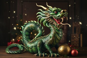 The fabulous green wooden dragon is the symbol of the 2024 New Year. Colorful bright stylish Christmas card