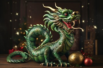 Fototapeta premium The fabulous green wooden dragon is the symbol of the 2024 New Year. Colorful bright stylish Christmas card
