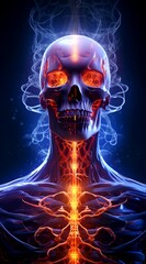 Mystical anatomy of the human body. Skull burning from the inside. Generative AI.