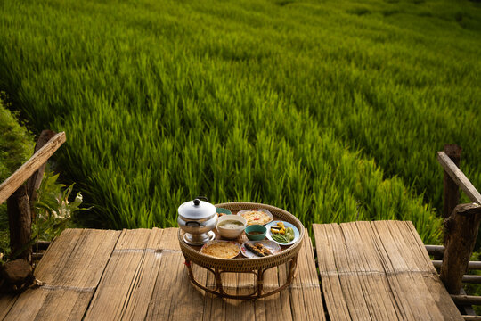 Khantok (food tray) Thai food traditionally dinner for homestay at Pa Pong Pieng homestay, Mae Chaem, Chiang Mai, Thailand.
Beautiful rice terraces in the countryside of northern.