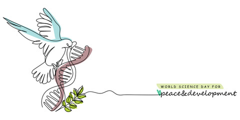  line art drawing of a peace bird with DNA and a green twig. World science day for peace and development poster. November observances. Vintage banner idea.