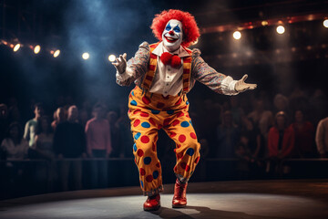 A clown making a dramatic entrance into the circus ring, drawing laughter from the audience, love and creativity with copy space