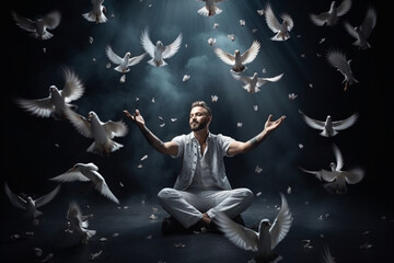 An illusionist conjuring a stunning display of doves appearing from thin air, love and creativity with copy space - obrazy, fototapety, plakaty