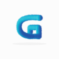 Fototapeta premium Feathered letter G font vector. Easy editable letters. Soft and realistic feathers. Blue, fluffy, hairy letter G, isolated on a white background.