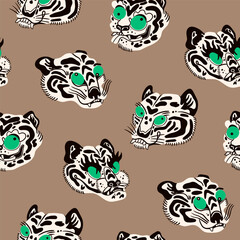 Abstract white Tigers or leopards. Unique, cartoon, quirky style. Hand drawn trendy Vector illustration. Funny characters. Wallpaper, poster, print template. Square seamless Pattern