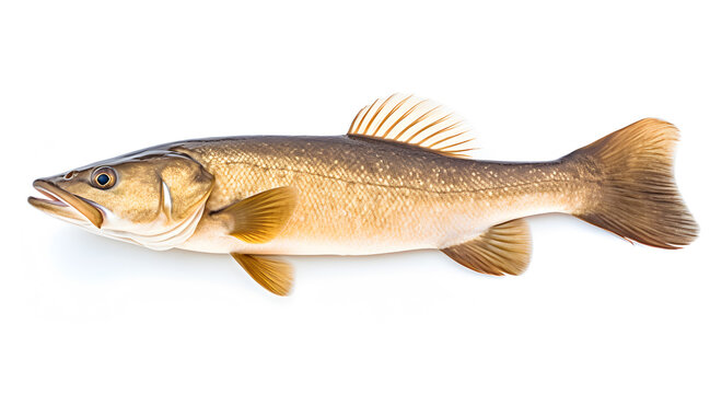 A side view photo of a cod on white background.